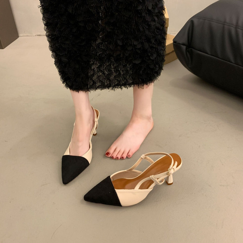 2024 summer new fashion pointed-toe stiletto sandals, french color-block low-cut high heels, open-back designer women's shoes