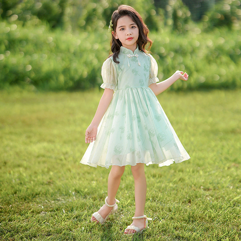 Girls' summer dress  new chinese style frog closure short sleeve traditional dress children's fashionable flared skirt