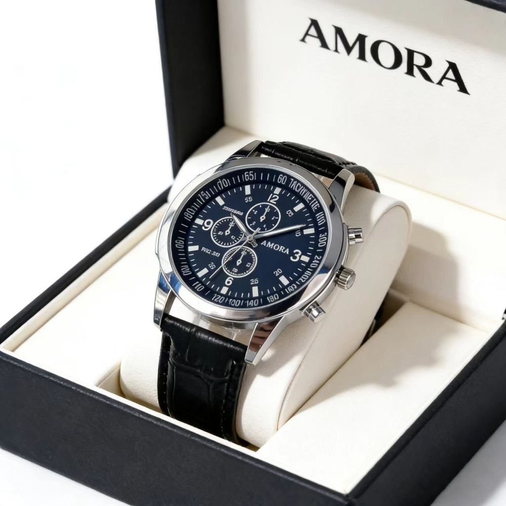 Wholesale cross-border fashion watches for men, men's watches, gift watches, quartz watches, stylish blue light glass leather strap men's wristwatches