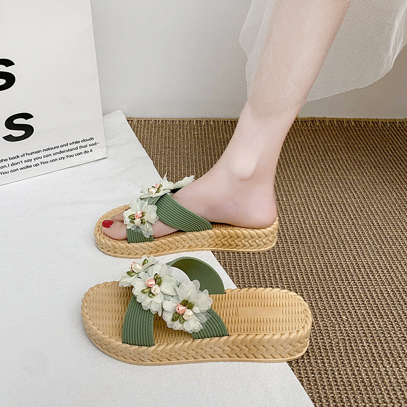 New platform sandals: 4cm chunky heel, criss-cross strap, three-flower design, women's summer outdoor slides, thick sole, non-slip, sweet beach shoes
