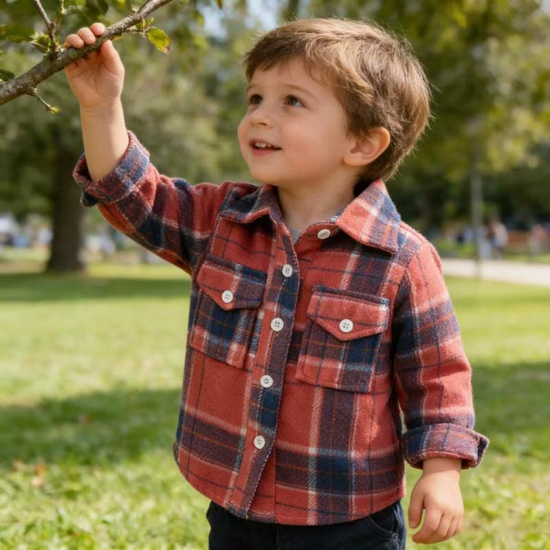 Factory new children's spring collection: export-quality boys' cotton long-sleeve plaid shirt
