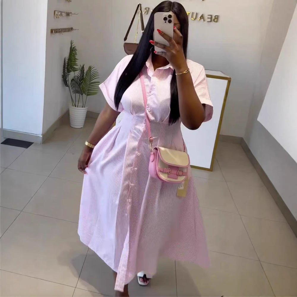 European and american cross-border women's clothing: african plus size  summer new fashion turn-down collar short sleeve striped shirt dress for women