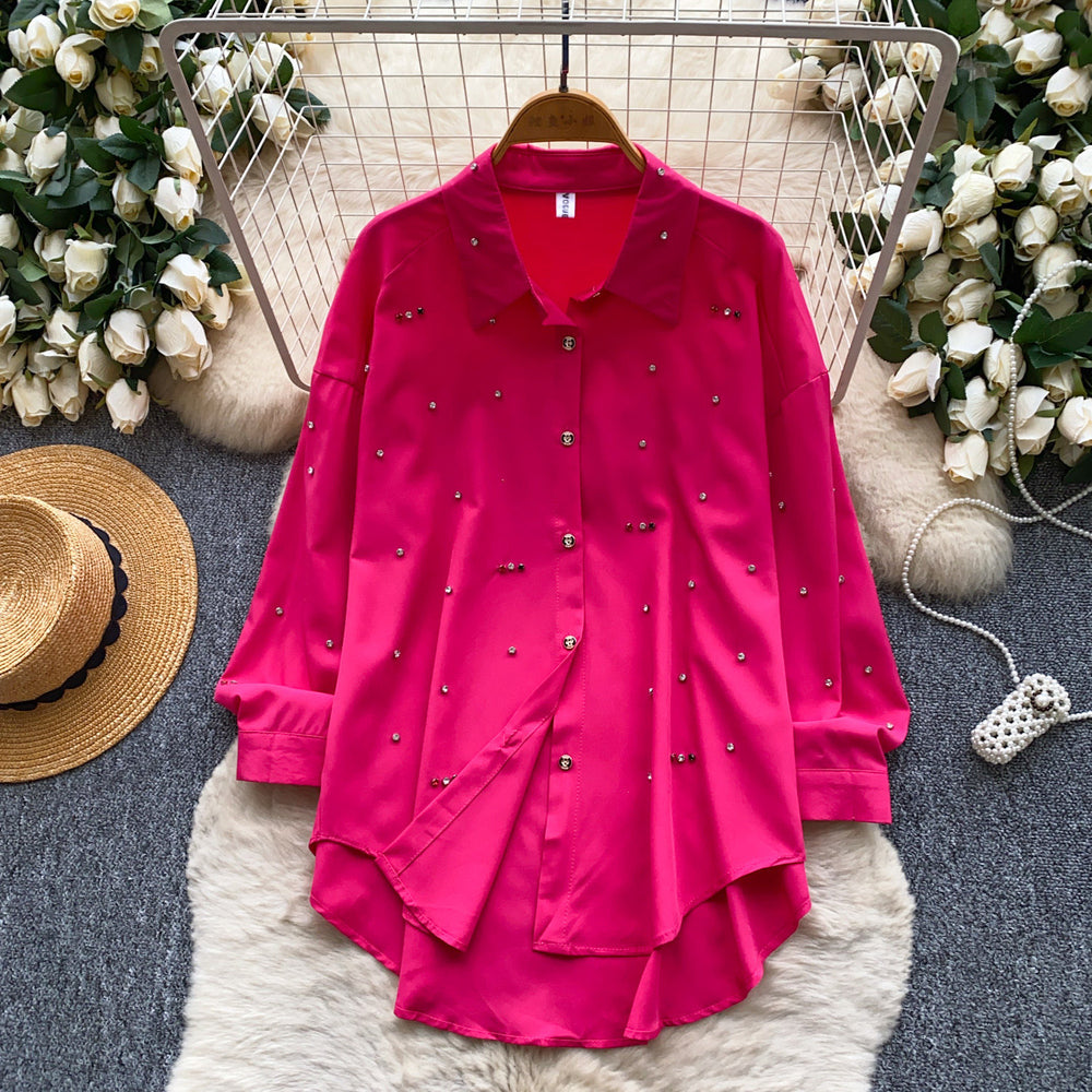 K-stylework clothing style lapel casual beaded shirt women's easiest for matchlong sleeveslooseslimming lookeasiest for matchsense of designtops