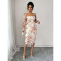 Women's spring/summer new arrival: elegant and romantic mesh floral print ruched long sleeve midi dress