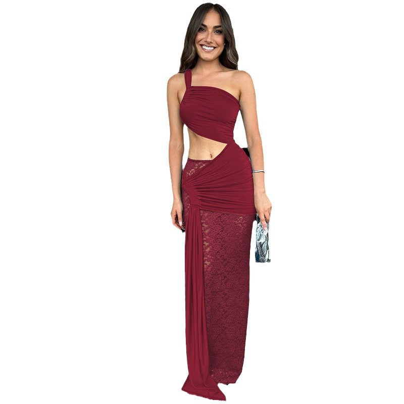 European and american style women's clothing  cross-border spring/summer new arrivals: fashionable and sexy hollow-out lace asymmetrical neck ribbon dress wholesale