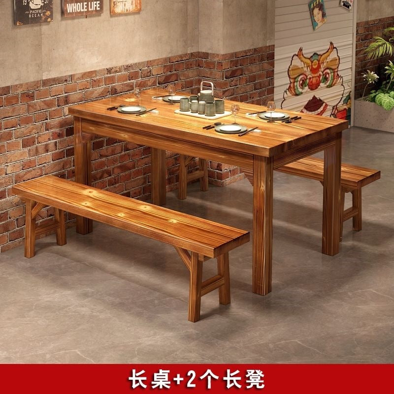 Solid wood dining table and chairs chinoiserie carbonized hot pot barbecue rectangular log dining table restaurant snack shop restaurant dining table