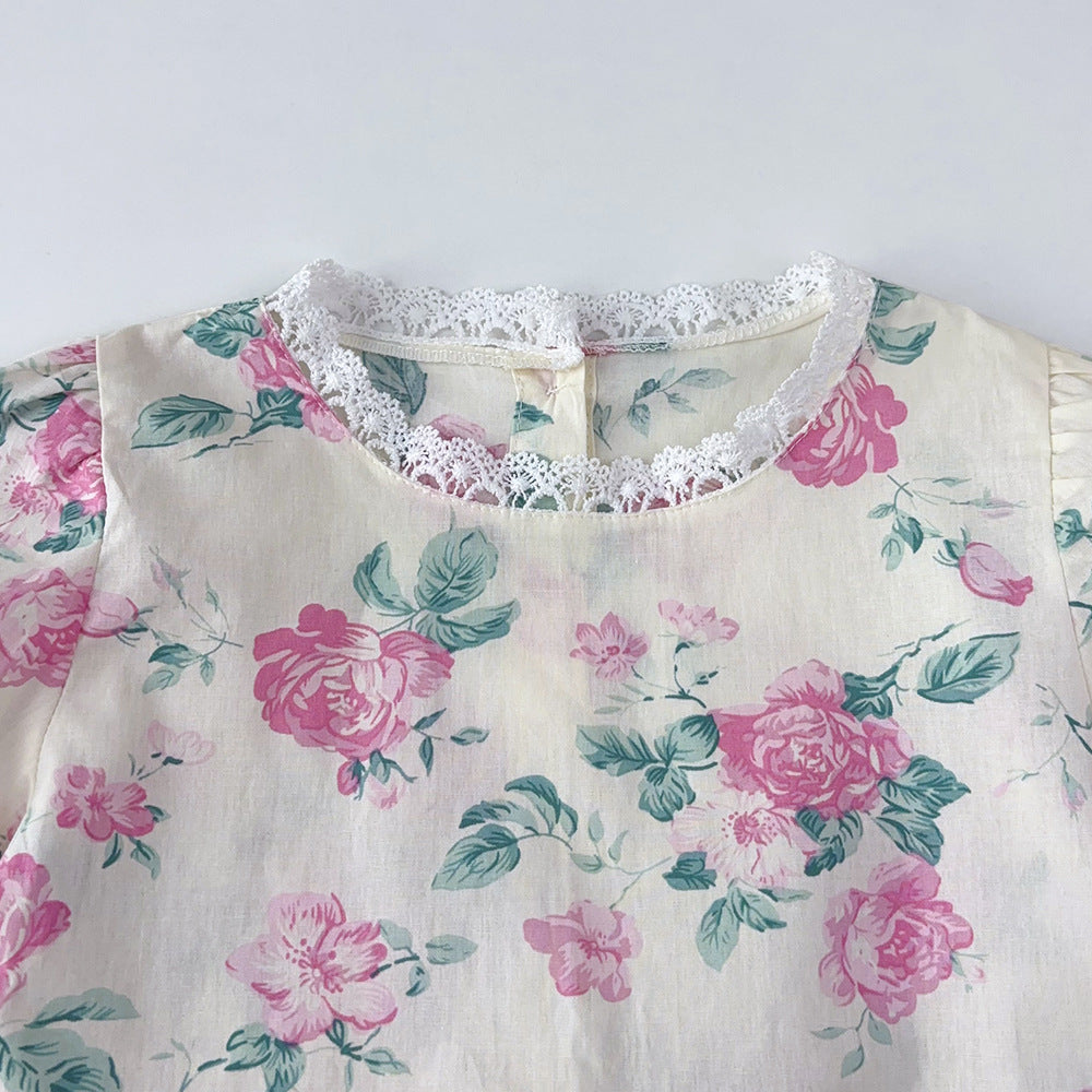 Autumn korean style new children's wear: girls' all-over floral print lace blouse and loose wide-leg pants set - kids' loungewear