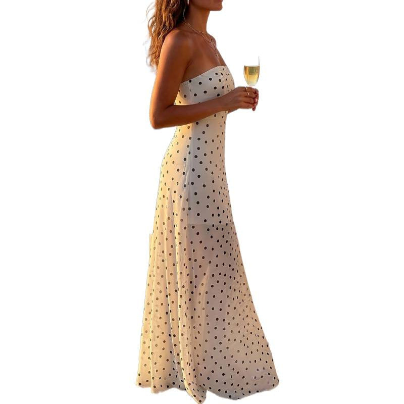 Women's new summer casual elegant polka dot print off-the-shoulder slim fit a-line maxi dress - perfect for dates