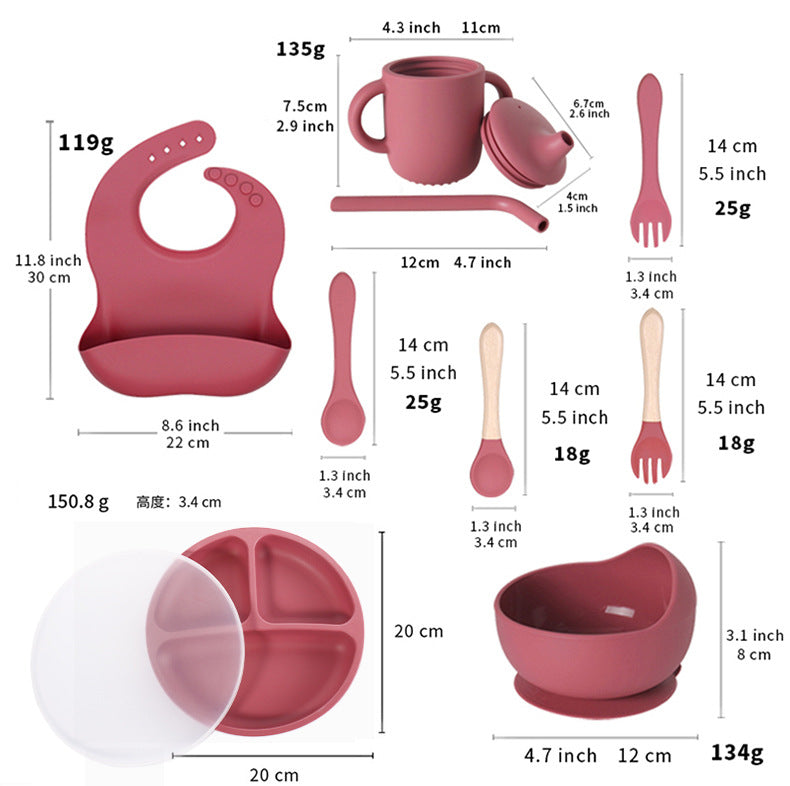 Children's silicone round three-grid plate with PP lid tableware set Baby feeding complementary food plate with small suction cup