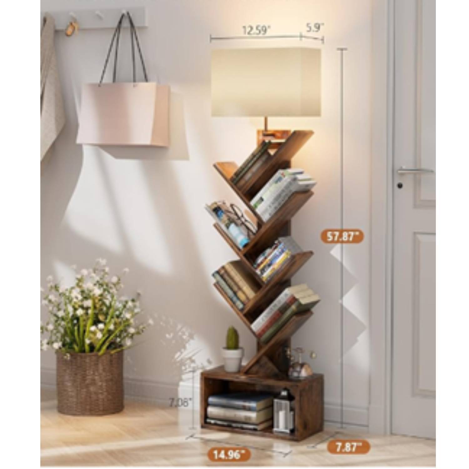 Wooden bookshelf Creative tree-shaped floor-to-ceiling shelf Household living room storage rack Corner bookcase Children's storage cabinet