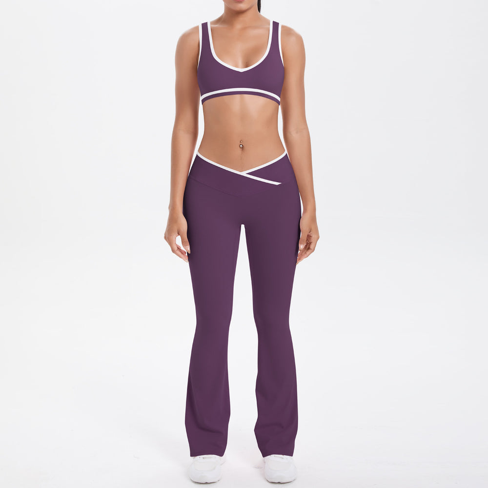 Cross high waist sports suit women's contrast color nude tight yoga clothes quick-drying breathable outdoor running fitness suit