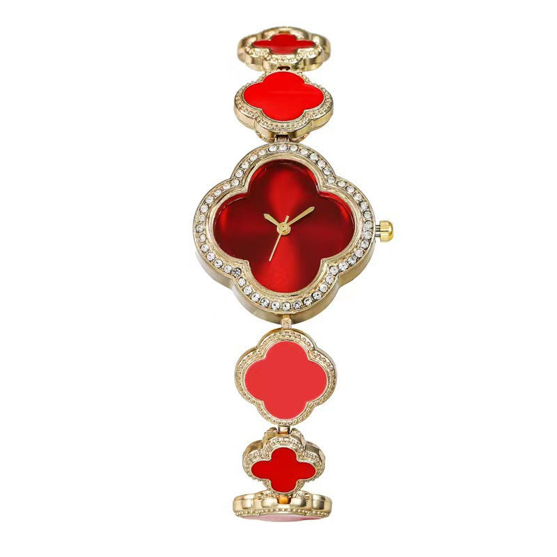 Women's quartz watch with emerald and clover charm bracelet - luxury vintage fashion timepiece