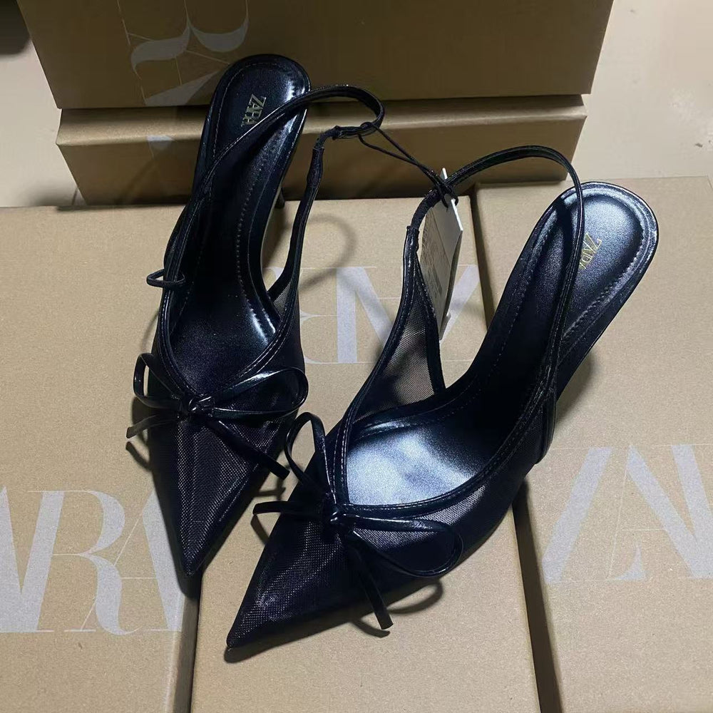 Za2025 summer socialite french style pointed-toe high heels - women's mesh bow-tie stiletto closed-toe sandals