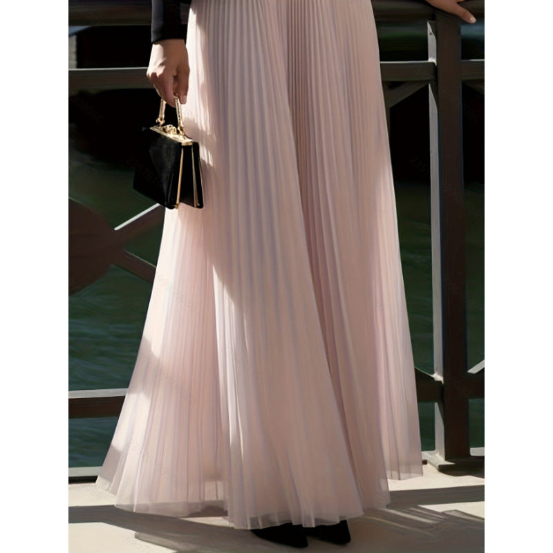 Women's spring/autumn new french elegant pleated mesh maxi skirt - perfect for dates, work, or outings