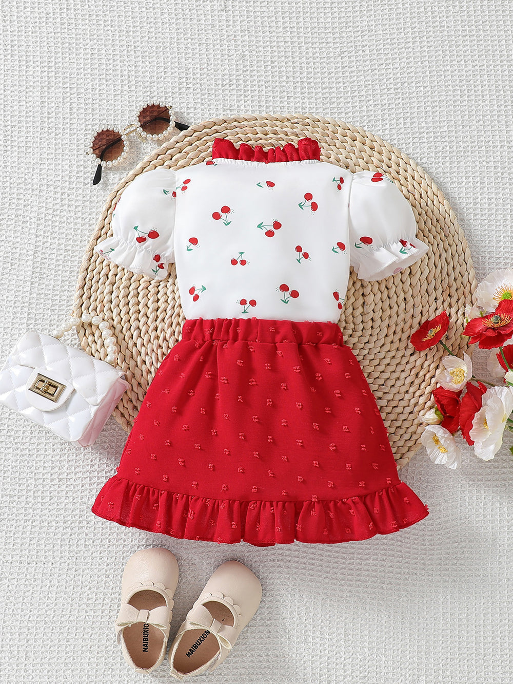 newborn baby cute cherry print top + ruffle trim a-line skirt two-piece set
