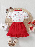 newborn baby cute cherry print top + ruffle trim a-line skirt two-piece set