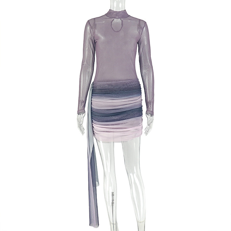 European and american style export fashion gradient women's micro-sheer slim-fit stand collar bodycon skirt color block long sleeve summer mini dress