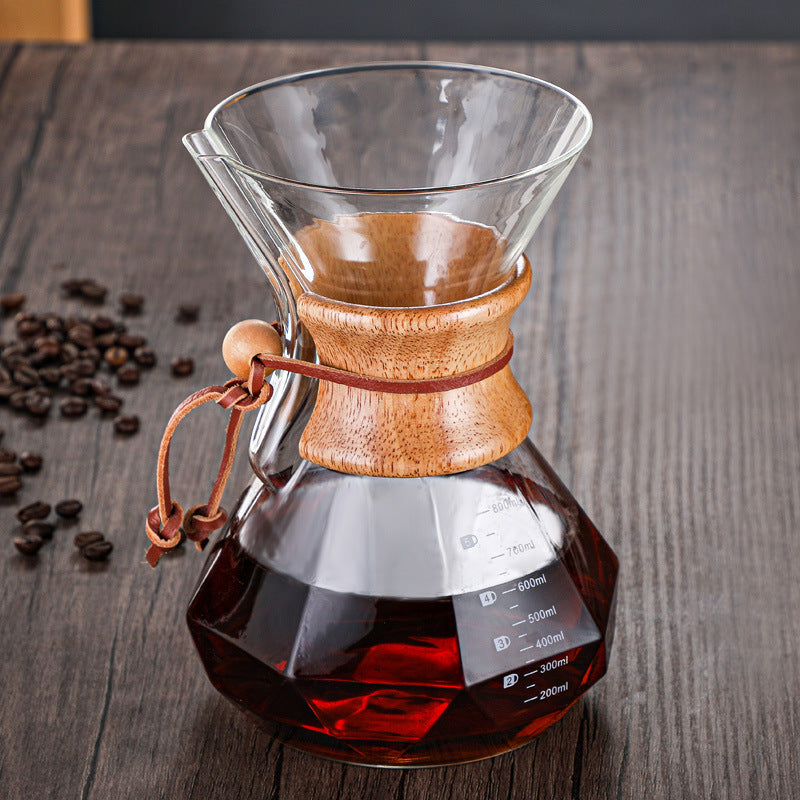 pour-over coffee maker set, diamond-shaped chemex sharing carafe, heat-resistant glassware for home use, with logo imprinting available