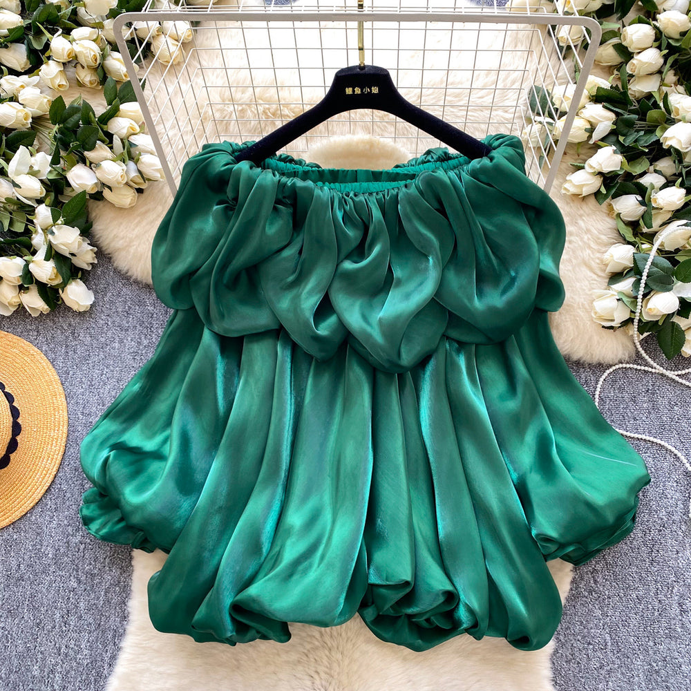 Korean style off-the-shoulder ruffle lantern sleeve blouse - women's spring new arrival, chic, trendy, and versatile pink top for work and casual wear