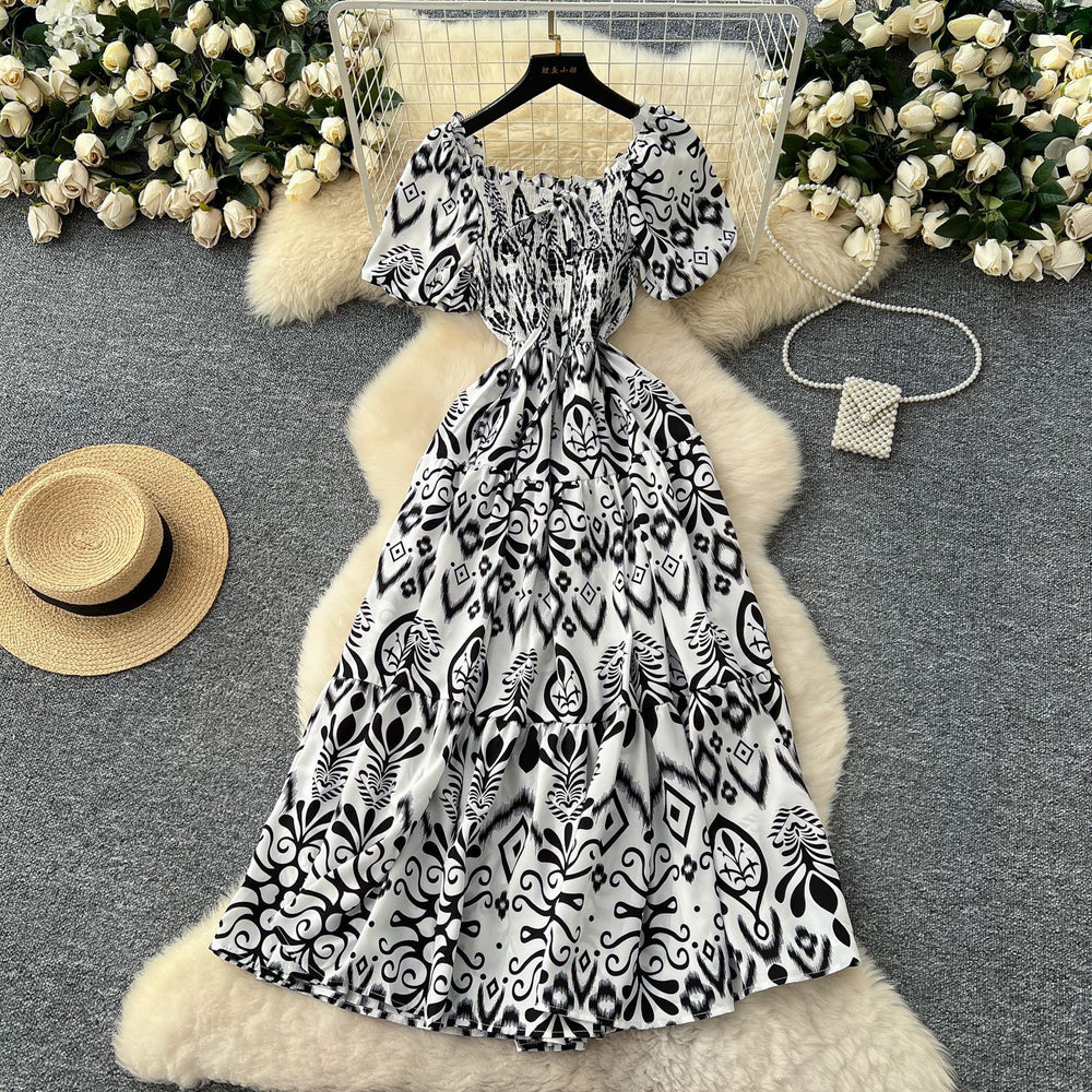 French retro square neck puff sleeve printed dress - women's  summer slimming a-line maxi dress