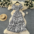 French retro square neck puff sleeve printed dress - women's  summer slimming a-line maxi dress