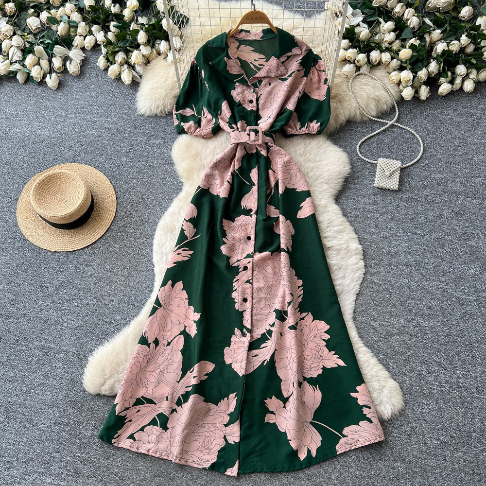 French retro floral print elegant dress - women's summer short sleeve v-neck slimming a-line maxi dress for work