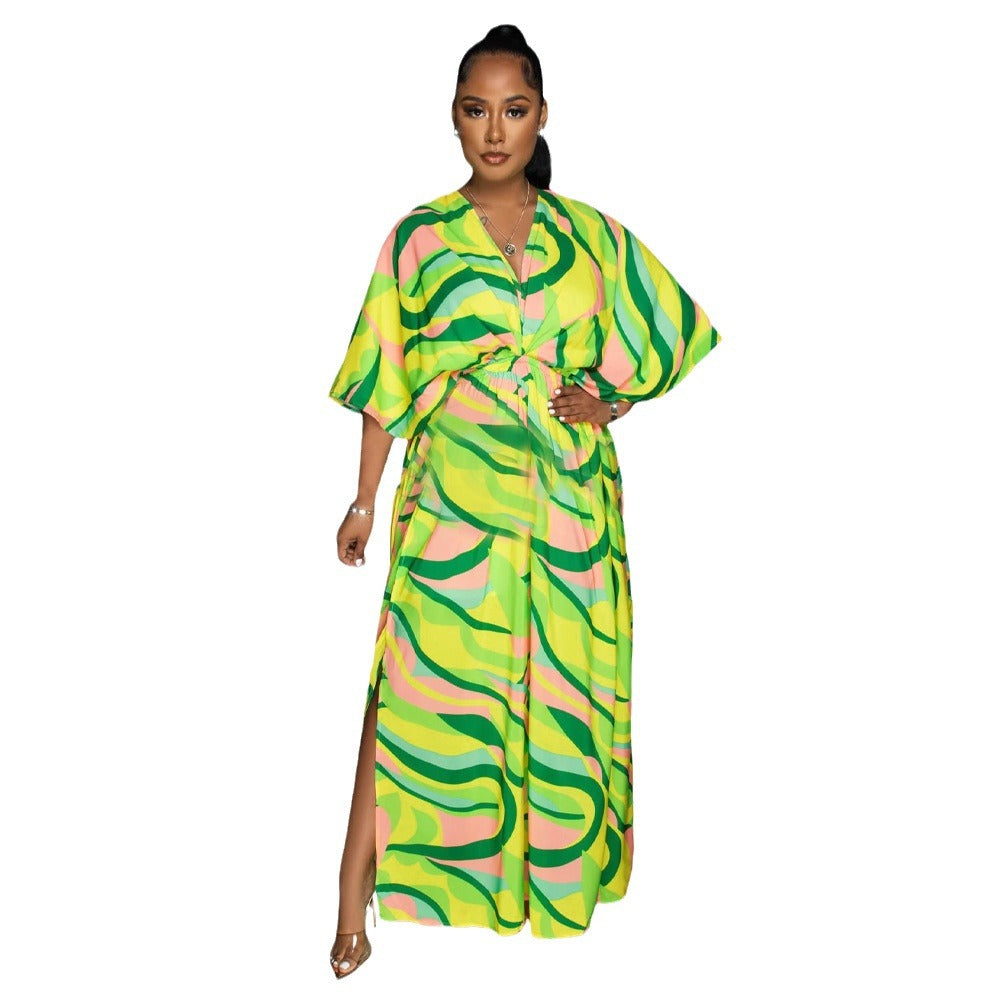cross-border fashion  waist-printed loosecasual new bat mid-sleeve women's dress