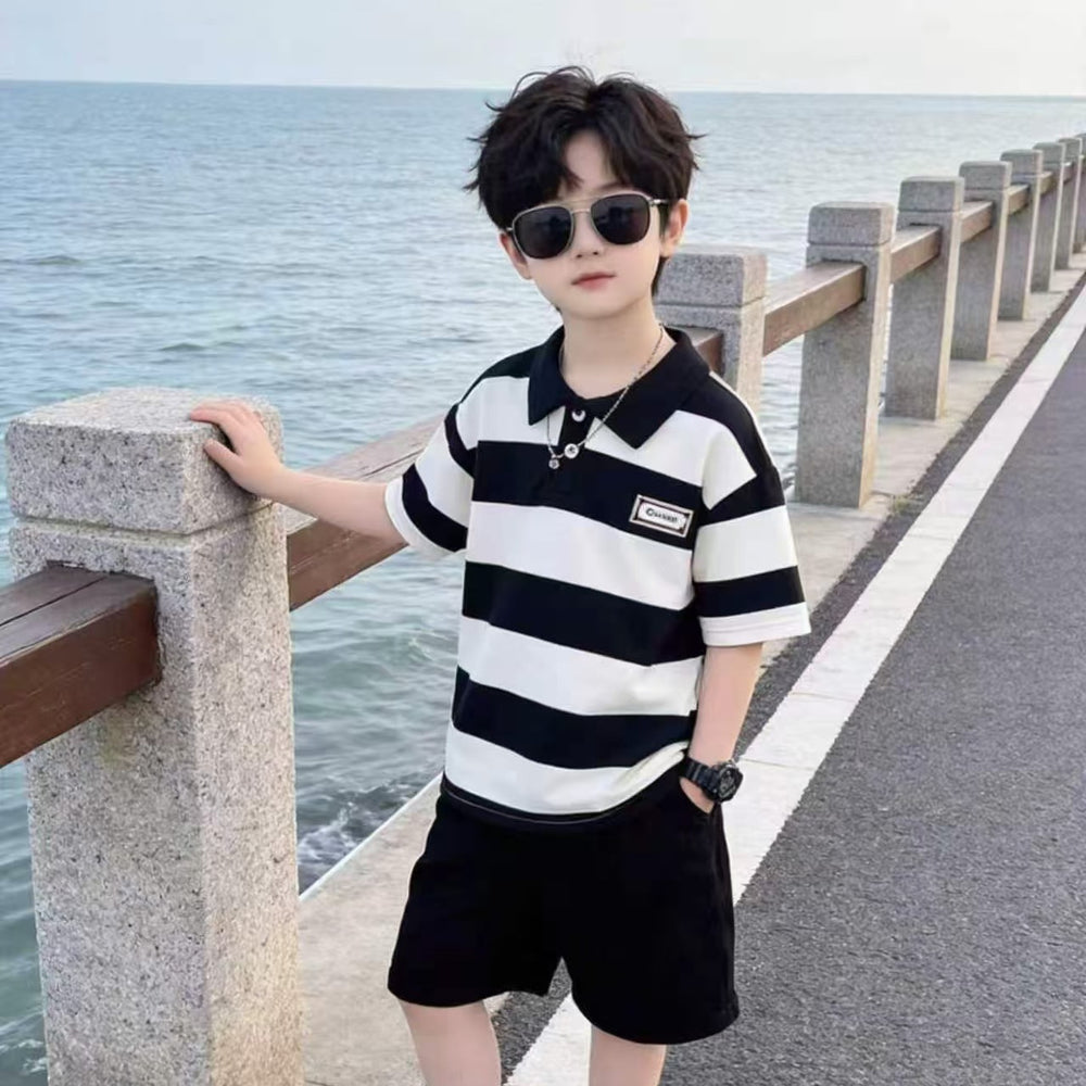 children's clothing: boys' summer striped polo shirt + t-shirt set - wholesale in-stock
