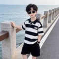 children's clothing: boys' summer striped polo shirt + t-shirt set - wholesale in-stock