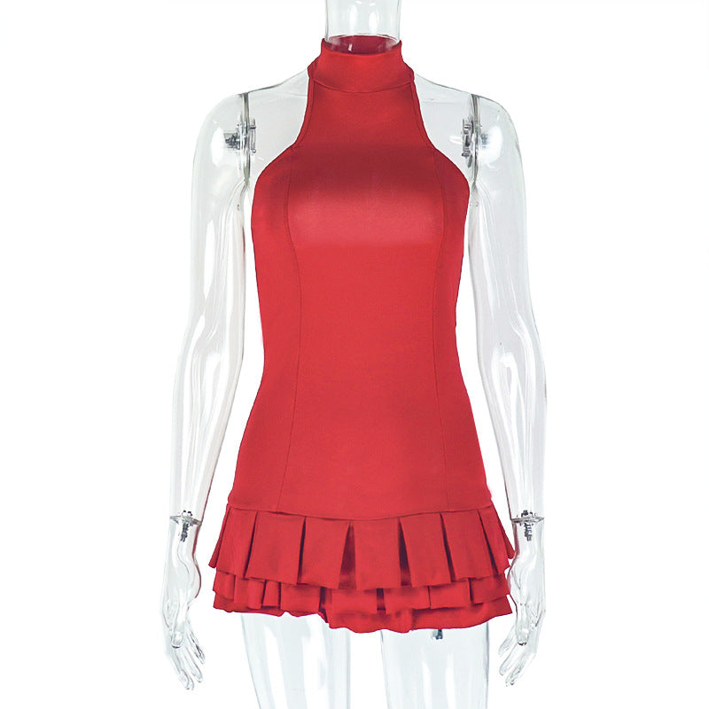 European and american style cross-border personalized cinched waist women's solid color fashion fluffy ruched cake dress stand collar sleeveless mini dress