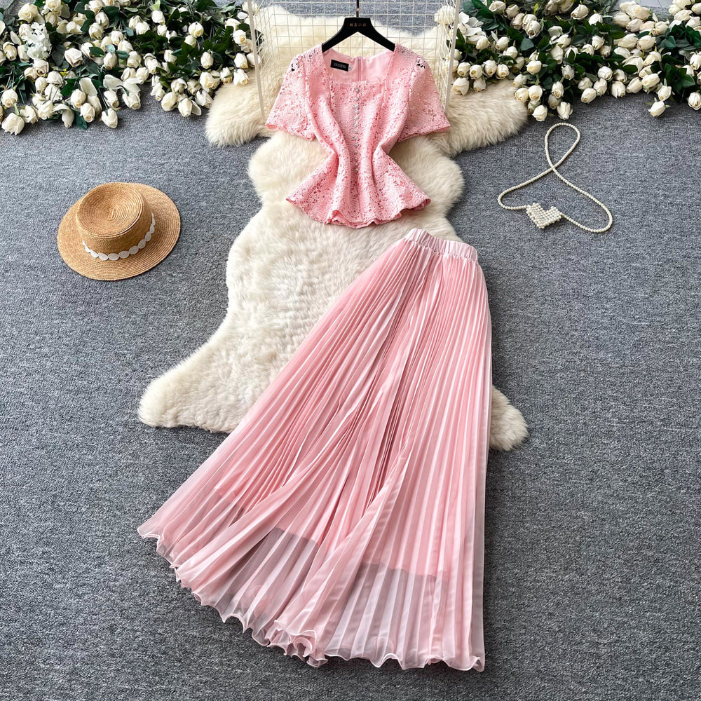 French chic lace top & pleated skirt set - elegant summer two-piece for women, exuding sophistication and style