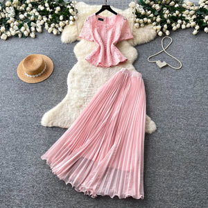 French chic lace top & pleated skirt set - elegant summer two-piece for women, exuding sophistication and style