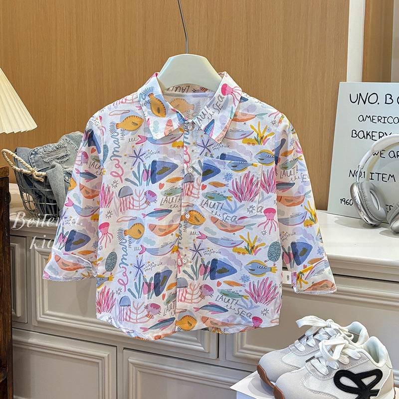 Spring & fallnew arrivalshirtpure cottonkids cartoon all-over printed shirtlong sleevescomfortablecasualboy stylenew arrival