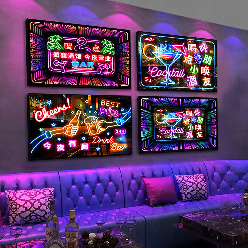 Bar wall decoration painting clear led neon lights luminous characters hanging paintings BBQ shop KTV box pub with lights painting