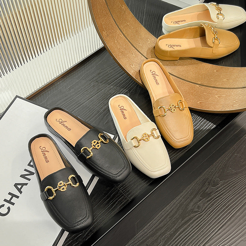 2025 summer fashion loafers: retro gold buckle pvc slip-ons with hidden wedge heel - women's comfortable half-slippers