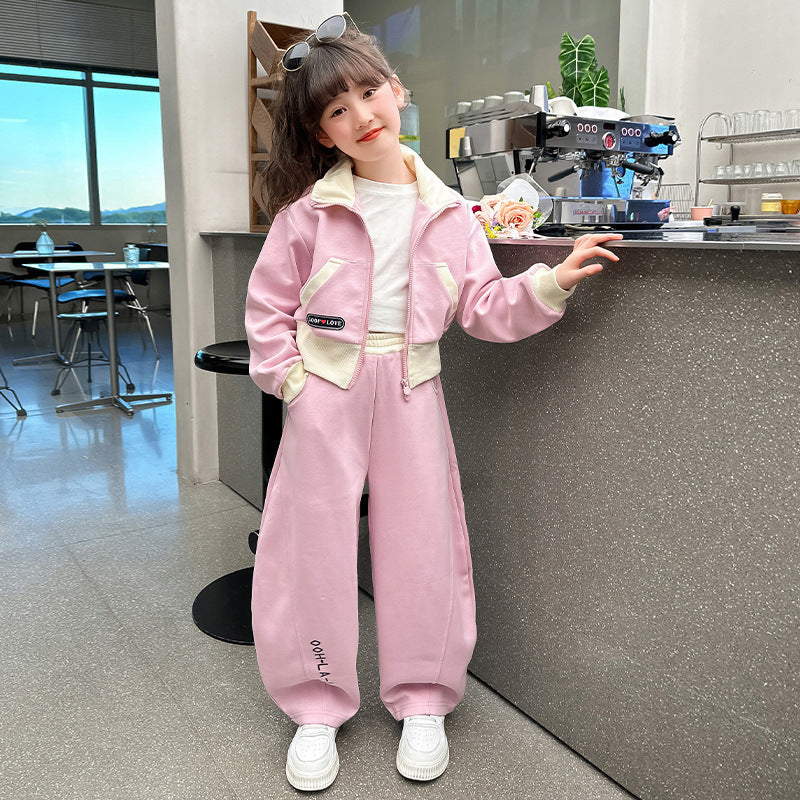 Girls' autumn cardigan two-piece set: new  versatile chic stand collar jacket, loose-fit spring/autumn outfit