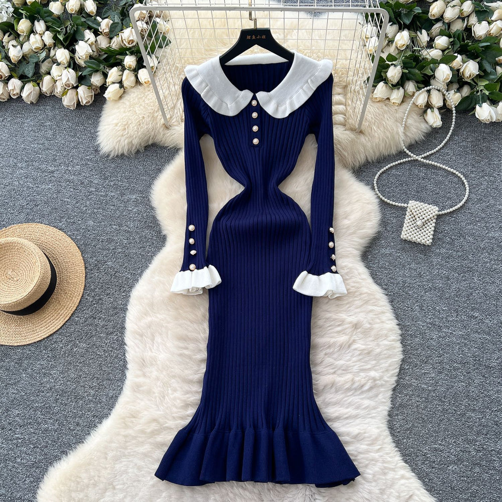 Frenchretro doll collar bell sleevesilmdress women's autum waist slimming lookelegantrufflesknitting skirt