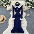 Frenchretro doll collar bell sleevesilmdress women's autum waist slimming lookelegantrufflesknitting skirt