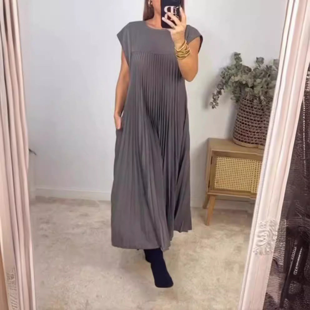 Amazon women's  european and american style spring new arrival solid color elegant fashion round neck short sleeve pleated loose dress