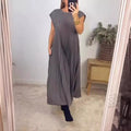 Amazon women's  european and american style spring new arrival solid color elegant fashion round neck short sleeve pleated loose dress