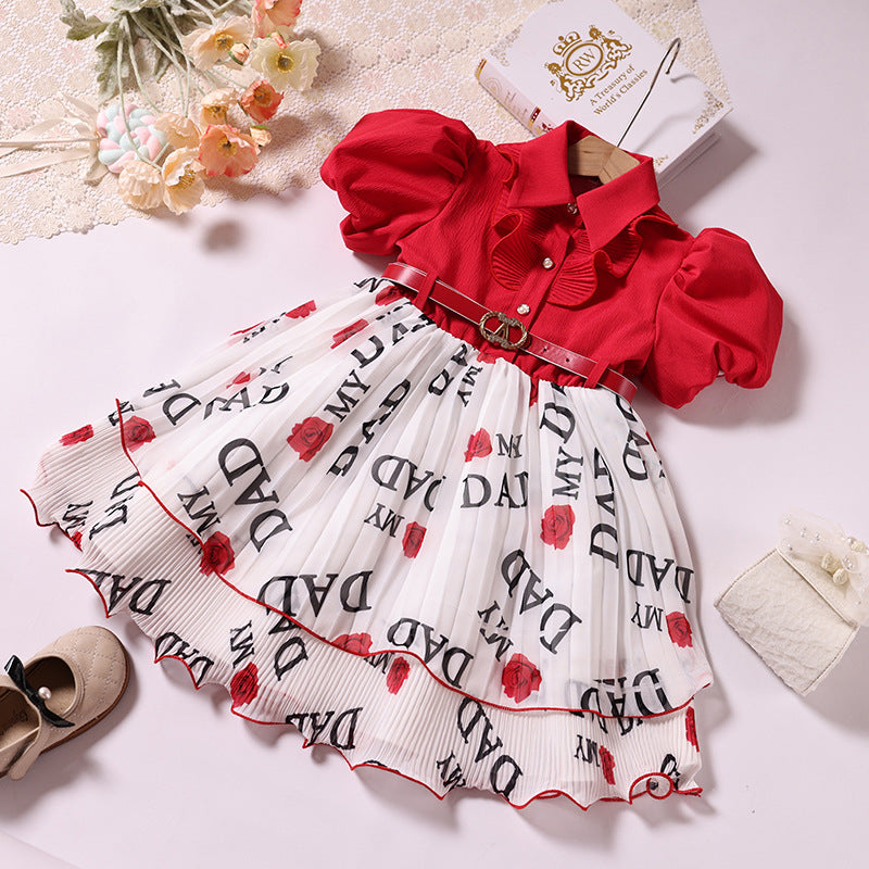 Girls' printed princess dress - red, stylish baby outfit, foreign trade chiffon, little girl's clothing, children's skirt, cross-border e-commerce
