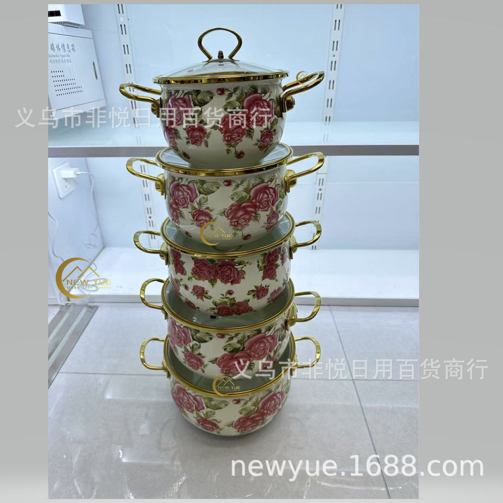 Export cross-mirror factory direct sales enamel high-end five-piece pot set boutique soup pot enamel pot double-ear soup pot