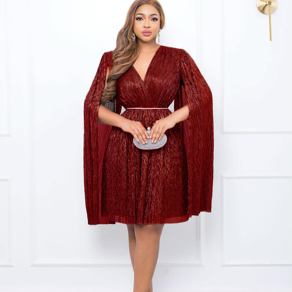 C8543 with belt   new v neck elegant long sleeves cloak waist dress foreign trade dress