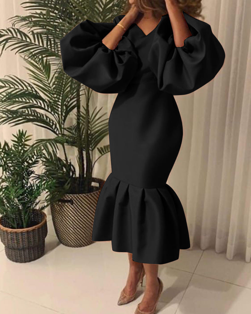 D115 cross-border sourcing: african plus-size women's fashion - solid color v-neck bubble sleeve fishtail dress, european and american style evening gown