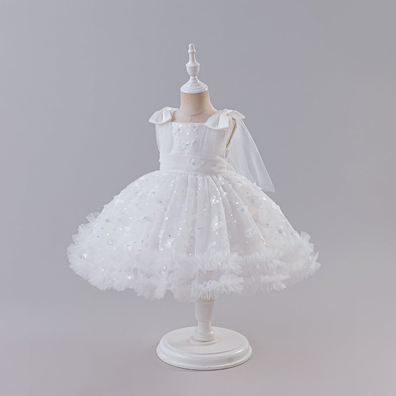 Girls' dress - flutter sleeve, gold foil bow, spaghetti strap, baby cross-border tutu dress - cute birthday party princess outfit