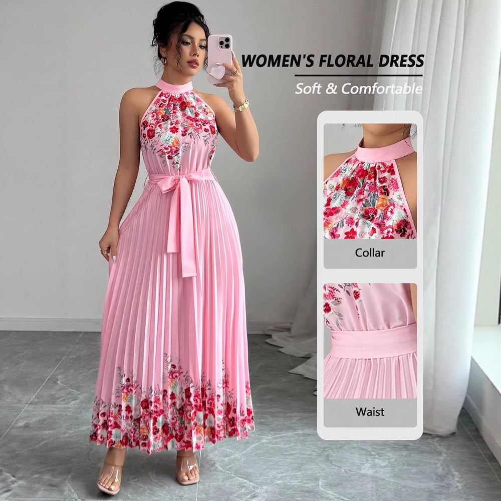European and american cross-border women's summer  elegant halter neck tie waist floral print pleated maxi swing dress