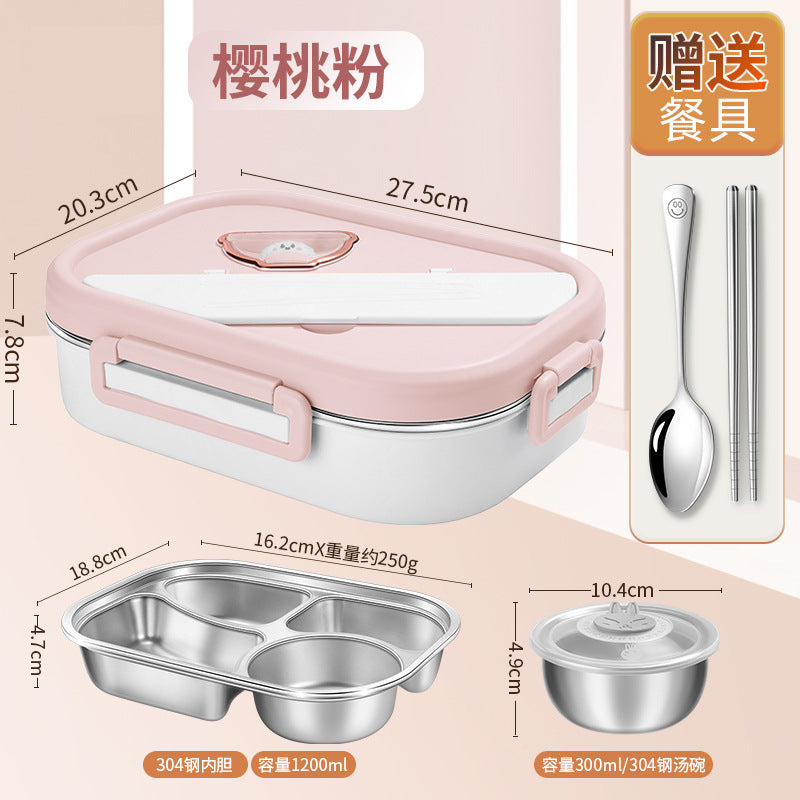 Food grade 304 stainless steel lunch box, large-capacity work portable grid lunch box, student cartoon dinner plate bento box