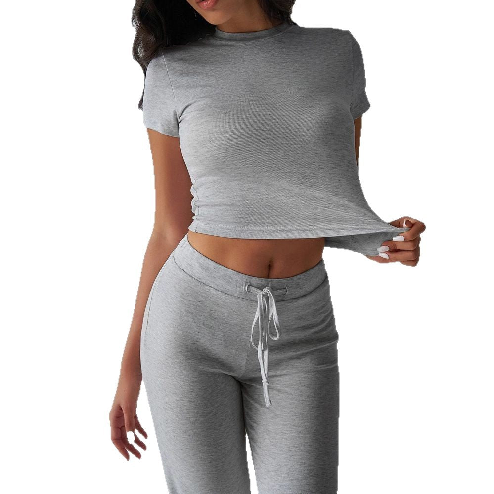 2025 european and american new arrival cross-border women's spring/summer elegant solid color crew neck casual fashion set - short sleeve top and long pants