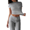 2025 european and american new arrival cross-border women's spring/summer elegant solid color crew neck casual fashion set - short sleeve top and long pants