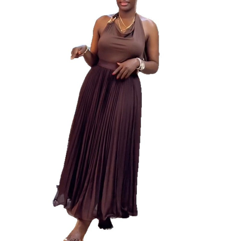European and american cross-border women's fashion:  autumn new collection - elegant halter neck slim-fit tank top and pleated midi skirt set